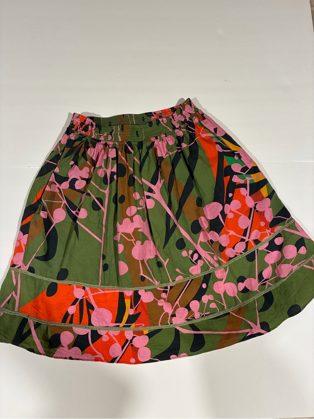 Green Floral A-Line Tiered Skirt with Pink & Red Accents